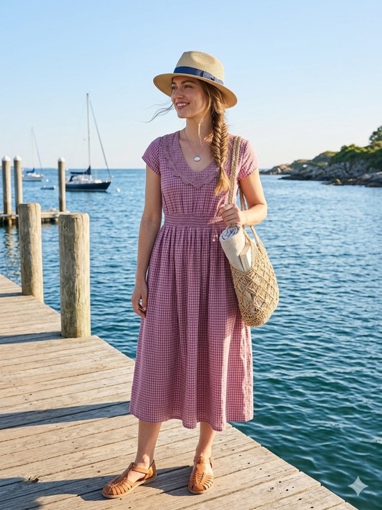 April Cornell Dresses & Skirts - Vintage April Cornell midi dress gingham cotton sweetheart neckline lace detail